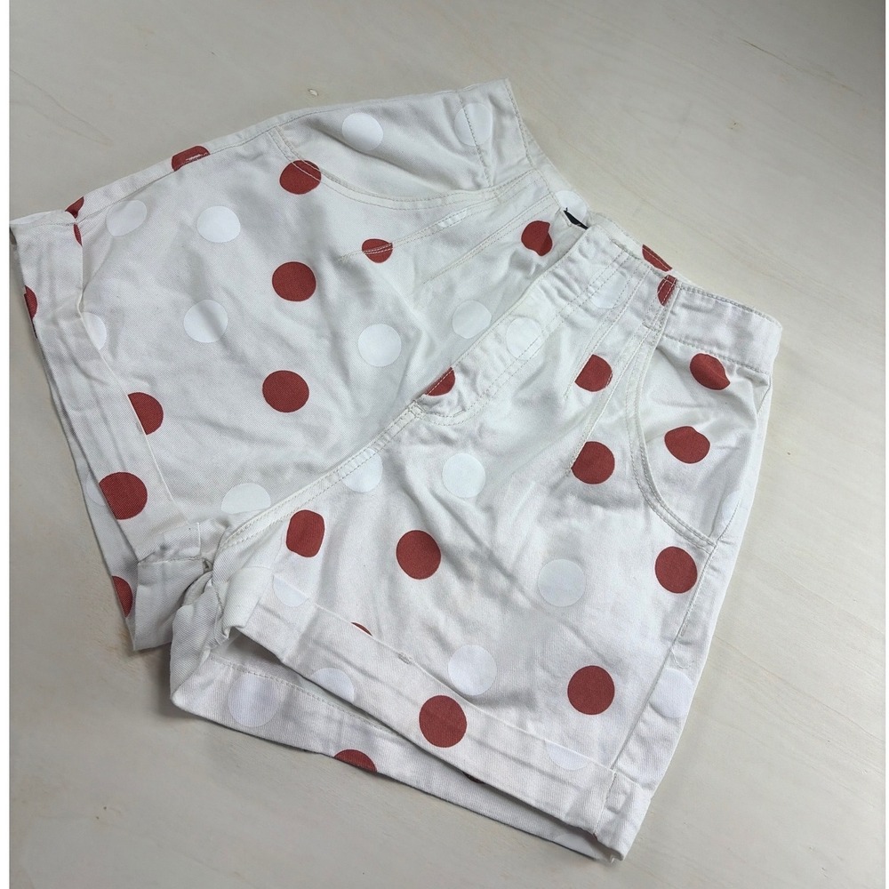 Maria Filo Polka Dot Denim Shorts White Red Cuffed High Waist Size 36